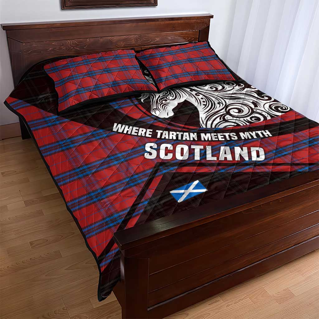 Scotland Quilt Bed Set with Red Blue Tartan Pattern with Unicorn Illustration Saltire Flag and Where Tartan Meets Myth Quote Design - Wonder Print Shop