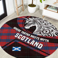 Scotland Round Carpet with Red Blue Tartan Pattern with Unicorn Illustration Saltire Flag and Where Tartan Meets Myth Quote Design - Wonder Print Shop