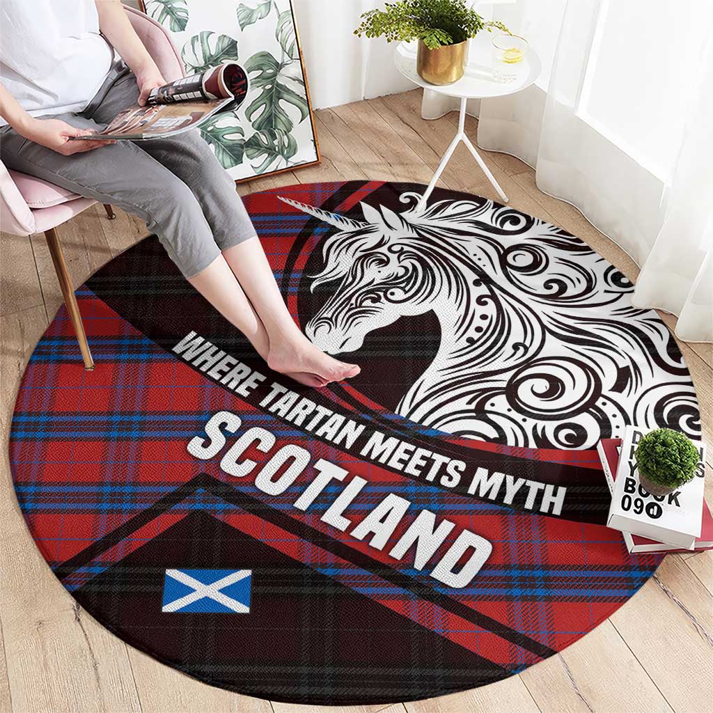 Scotland Round Carpet with Red Blue Tartan Pattern with Unicorn Illustration Saltire Flag and Where Tartan Meets Myth Quote Design - Wonder Print Shop