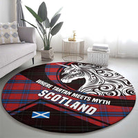 Scotland Round Carpet with Red Blue Tartan Pattern with Unicorn Illustration Saltire Flag and Where Tartan Meets Myth Quote Design - Wonder Print Shop