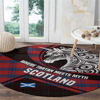 Scotland Round Carpet with Red Blue Tartan Pattern with Unicorn Illustration Saltire Flag and Where Tartan Meets Myth Quote Design - Wonder Print Shop