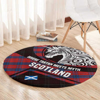 Scotland Round Carpet with Red Blue Tartan Pattern with Unicorn Illustration Saltire Flag and Where Tartan Meets Myth Quote Design - Wonder Print Shop