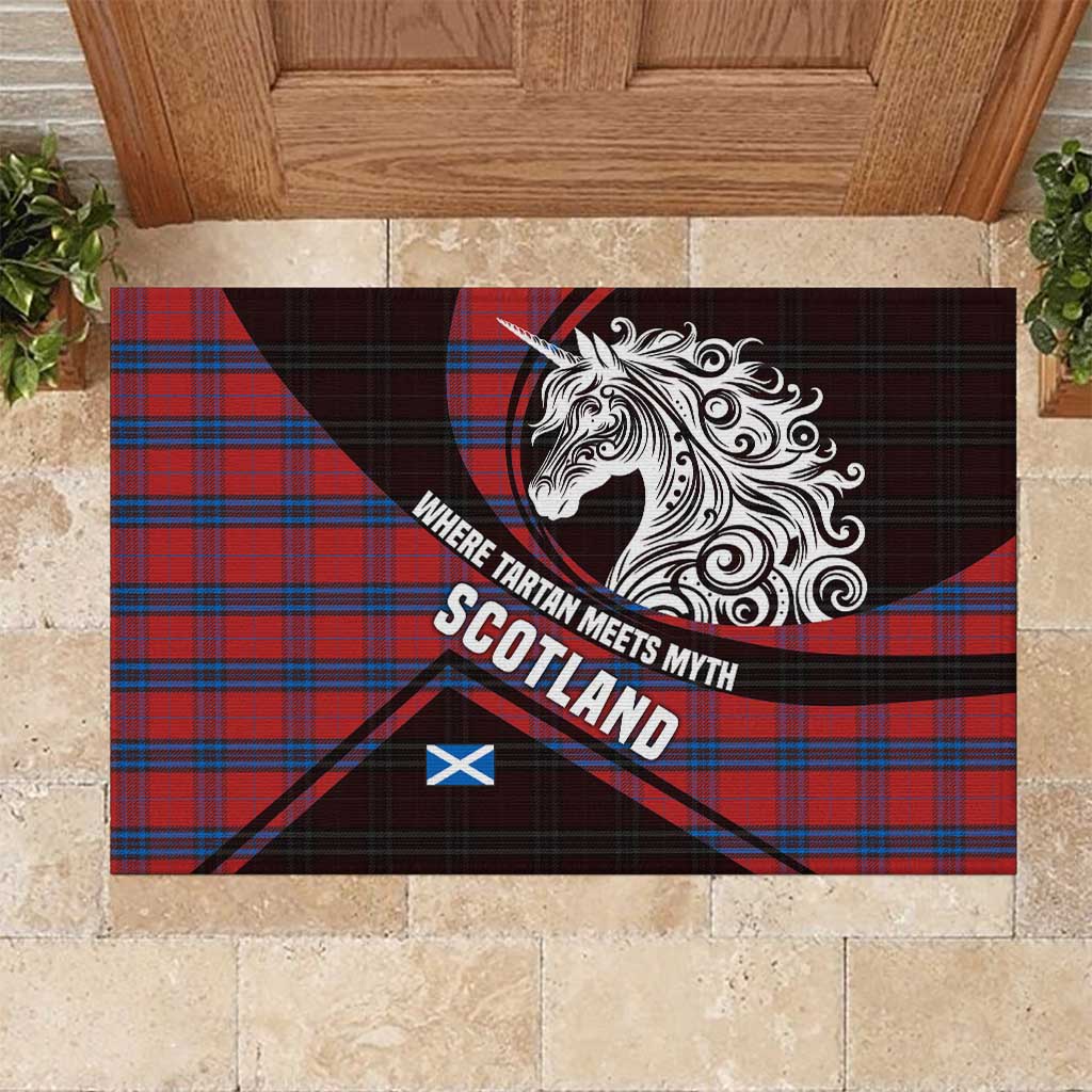 Scotland Rubber Doormat with Red Blue Tartan Pattern with Unicorn Illustration Saltire Flag and Where Tartan Meets Myth Quote Design - Wonder Print Shop