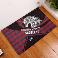 Scotland Rubber Doormat with Red Blue Tartan Pattern with Unicorn Illustration Saltire Flag and Where Tartan Meets Myth Quote Design - Wonder Print Shop