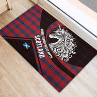 Scotland Rubber Doormat with Red Blue Tartan Pattern with Unicorn Illustration Saltire Flag and Where Tartan Meets Myth Quote Design - Wonder Print Shop