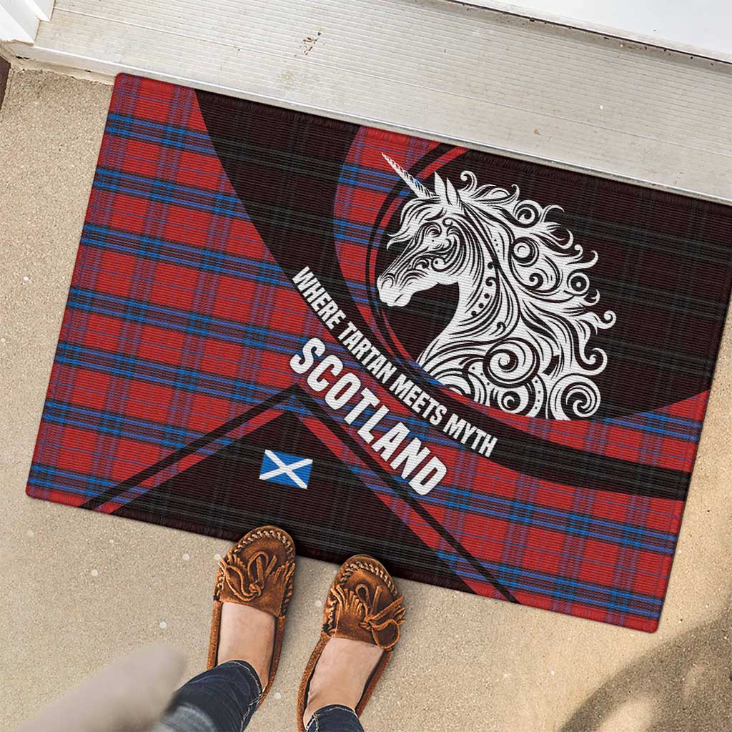 Scotland Rubber Doormat with Red Blue Tartan Pattern with Unicorn Illustration Saltire Flag and Where Tartan Meets Myth Quote Design - Wonder Print Shop