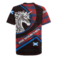 Scotland Rugby Jersey with Red Blue Tartan Pattern with Unicorn Illustration Saltire Flag and Where Tartan Meets Myth Quote Design - Wonder Print Shop
