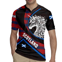 Scotland Rugby Jersey with Red Blue Tartan Pattern with Unicorn Illustration Saltire Flag and Where Tartan Meets Myth Quote Design - Wonder Print Shop