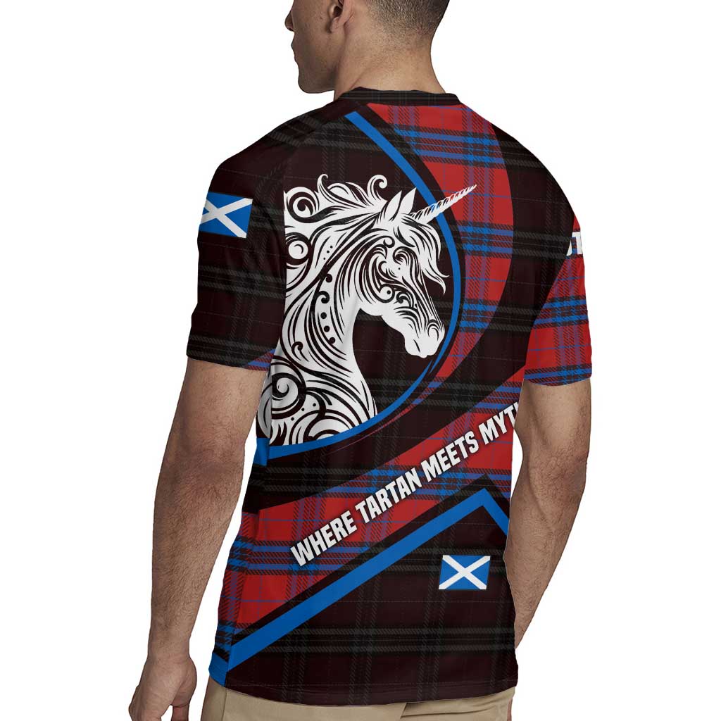 Scotland Rugby Jersey with Red Blue Tartan Pattern with Unicorn Illustration Saltire Flag and Where Tartan Meets Myth Quote Design - Wonder Print Shop