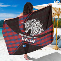 Scotland Sarong with Red Blue Tartan Pattern with Unicorn Illustration Saltire Flag and Where Tartan Meets Myth Quote Design - Wonder Print Shop