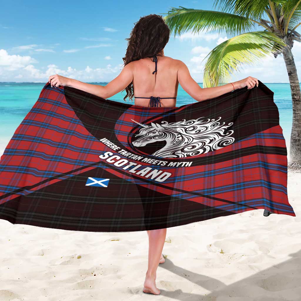 Scotland Sarong with Red Blue Tartan Pattern with Unicorn Illustration Saltire Flag and Where Tartan Meets Myth Quote Design - Wonder Print Shop