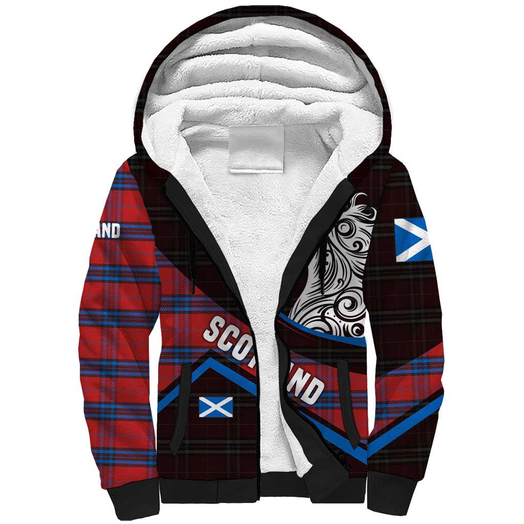 Scotland Sherpa Hoodie with Red Blue Tartan Pattern with Unicorn Illustration Saltire Flag and Where Tartan Meets Myth Quote Design - Wonder Print Shop