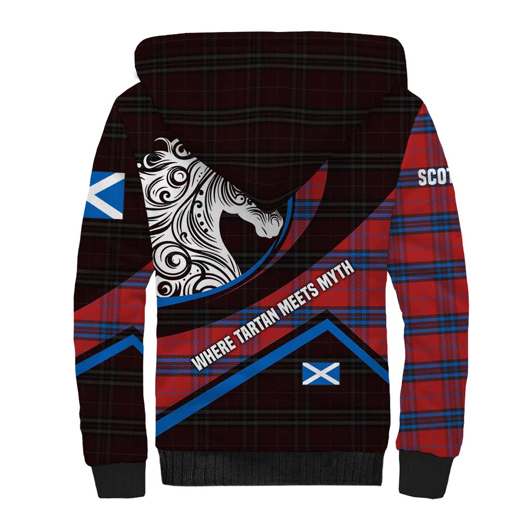 Scotland Sherpa Hoodie with Red Blue Tartan Pattern with Unicorn Illustration Saltire Flag and Where Tartan Meets Myth Quote Design - Wonder Print Shop