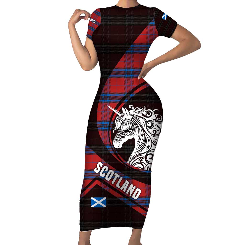 Scotland Short Sleeve Bodycon Dress with Red Blue Tartan Pattern with Unicorn Illustration Saltire Flag and Where Tartan Meets Myth Quote Design - Wonder Print Shop