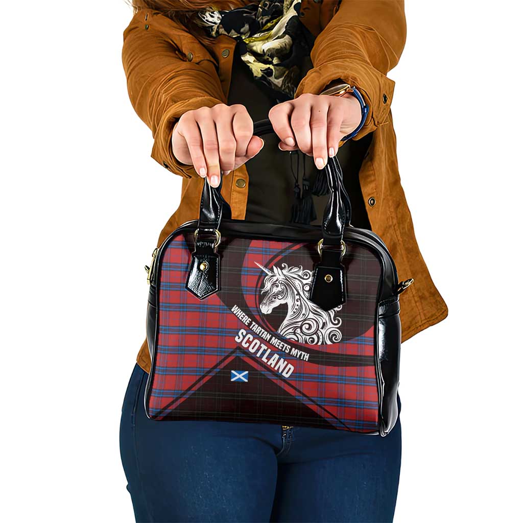 Scotland Shoulder Handbag with Red Blue Tartan Pattern with Unicorn Illustration Saltire Flag and Where Tartan Meets Myth Quote Design - Wonder Print Shop