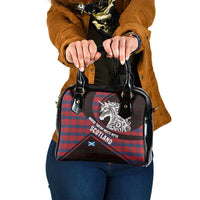 Scotland Shoulder Handbag with Red Blue Tartan Pattern with Unicorn Illustration Saltire Flag and Where Tartan Meets Myth Quote Design - Wonder Print Shop