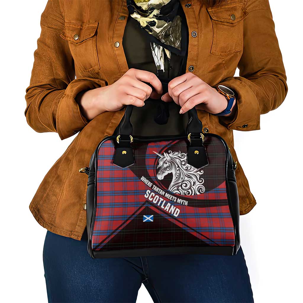 Scotland Shoulder Handbag with Red Blue Tartan Pattern with Unicorn Illustration Saltire Flag and Where Tartan Meets Myth Quote Design - Wonder Print Shop