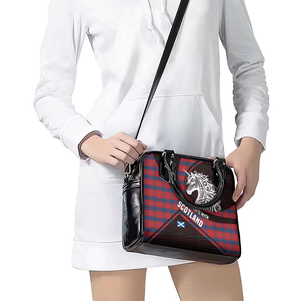 Scotland Shoulder Handbag with Red Blue Tartan Pattern with Unicorn Illustration Saltire Flag and Where Tartan Meets Myth Quote Design - Wonder Print Shop