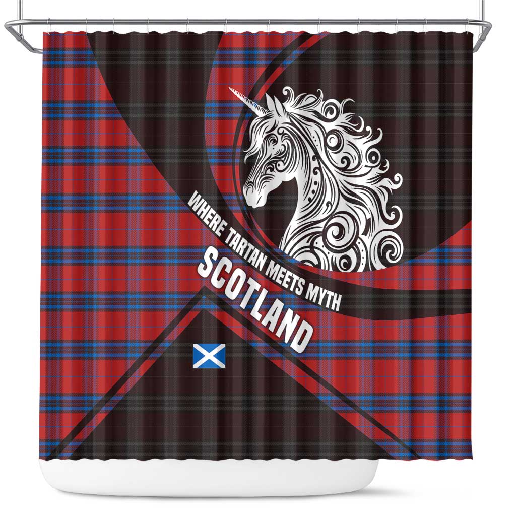 Scotland Shower Curtain with Red Blue Tartan Pattern with Unicorn Illustration Saltire Flag and Where Tartan Meets Myth Quote Design - Wonder Print Shop