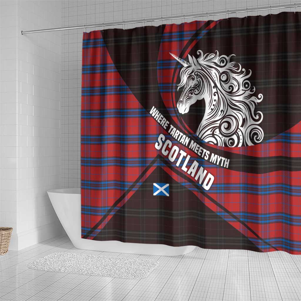 Scotland Shower Curtain with Red Blue Tartan Pattern with Unicorn Illustration Saltire Flag and Where Tartan Meets Myth Quote Design - Wonder Print Shop