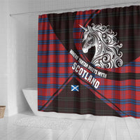 Scotland Shower Curtain with Red Blue Tartan Pattern with Unicorn Illustration Saltire Flag and Where Tartan Meets Myth Quote Design - Wonder Print Shop