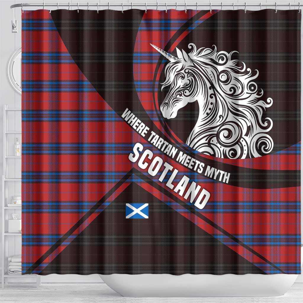 Scotland Shower Curtain with Red Blue Tartan Pattern with Unicorn Illustration Saltire Flag and Where Tartan Meets Myth Quote Design - Wonder Print Shop