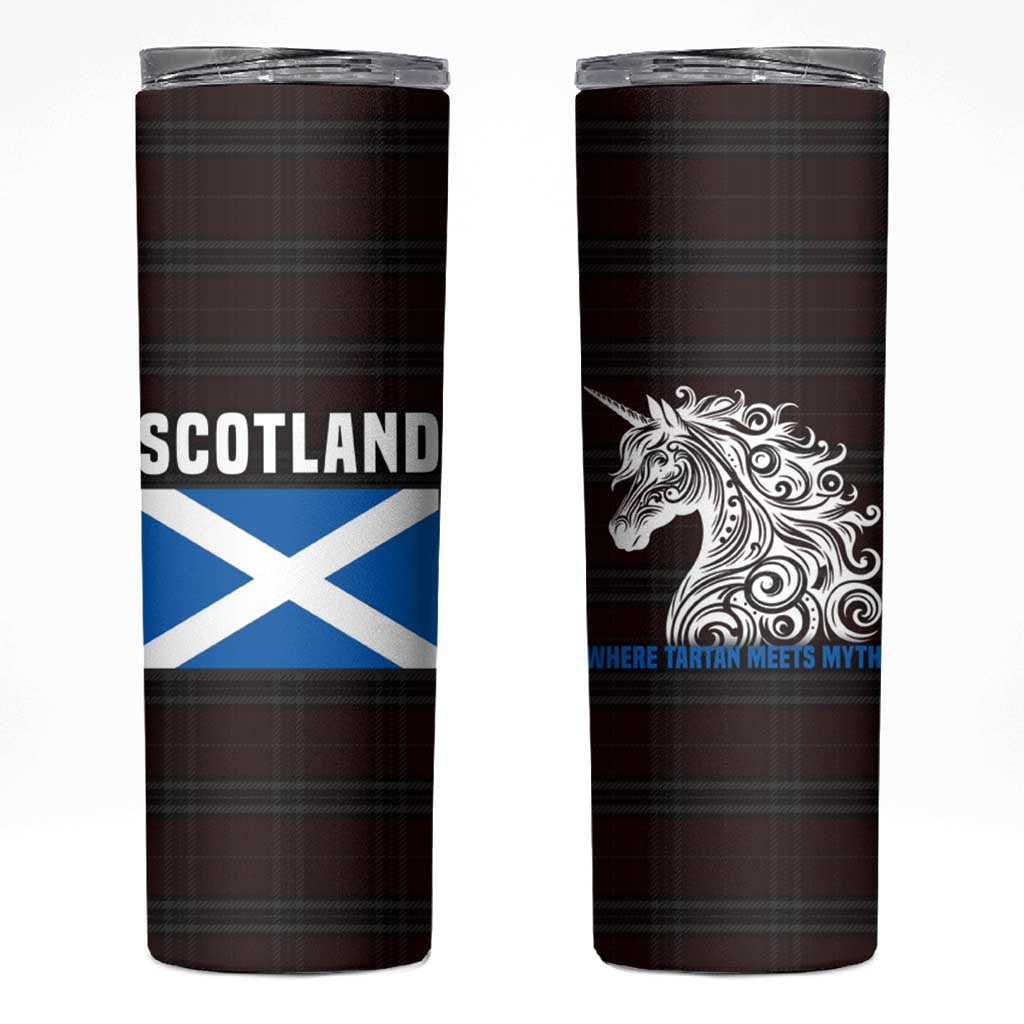Scotland Skinny Tumbler with Red Blue Tartan Pattern with Unicorn Illustration Saltire Flag and Where Tartan Meets Myth Quote Design - Wonder Print Shop