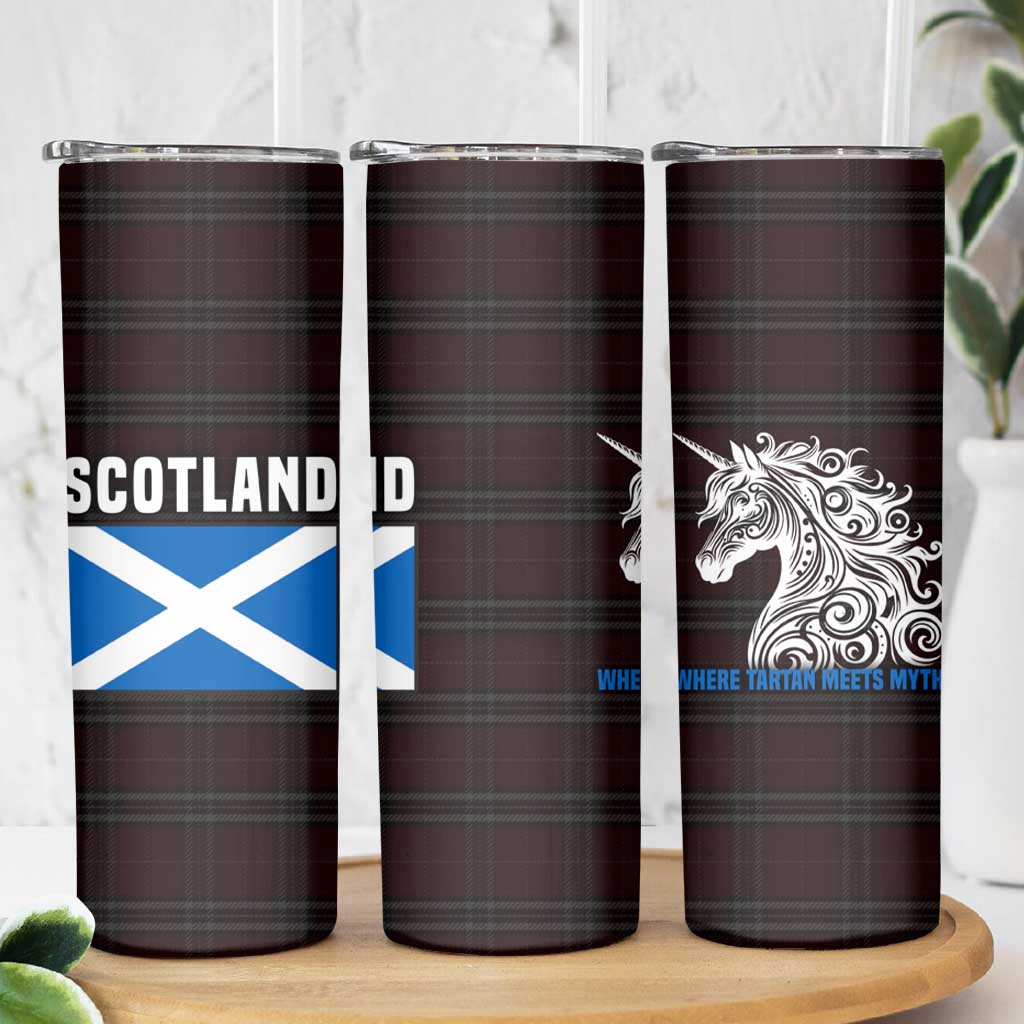 Scotland Skinny Tumbler with Red Blue Tartan Pattern with Unicorn Illustration Saltire Flag and Where Tartan Meets Myth Quote Design - Wonder Print Shop