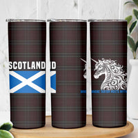 Scotland Skinny Tumbler with Red Blue Tartan Pattern with Unicorn Illustration Saltire Flag and Where Tartan Meets Myth Quote Design - Wonder Print Shop