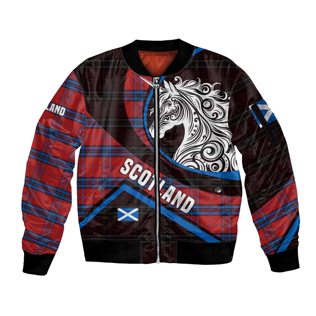 Scotland Sleeve Zip Bomber Jacket with Red Blue Tartan Pattern with Unicorn Illustration Saltire Flag and Where Tartan Meets Myth Quote Design - Wonder Print Shop