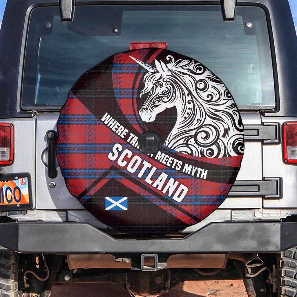 Scotland Spare Tire Cover with Red Blue Tartan Pattern with Unicorn Illustration Saltire Flag and Where Tartan Meets Myth Quote Design - Wonder Print Shop