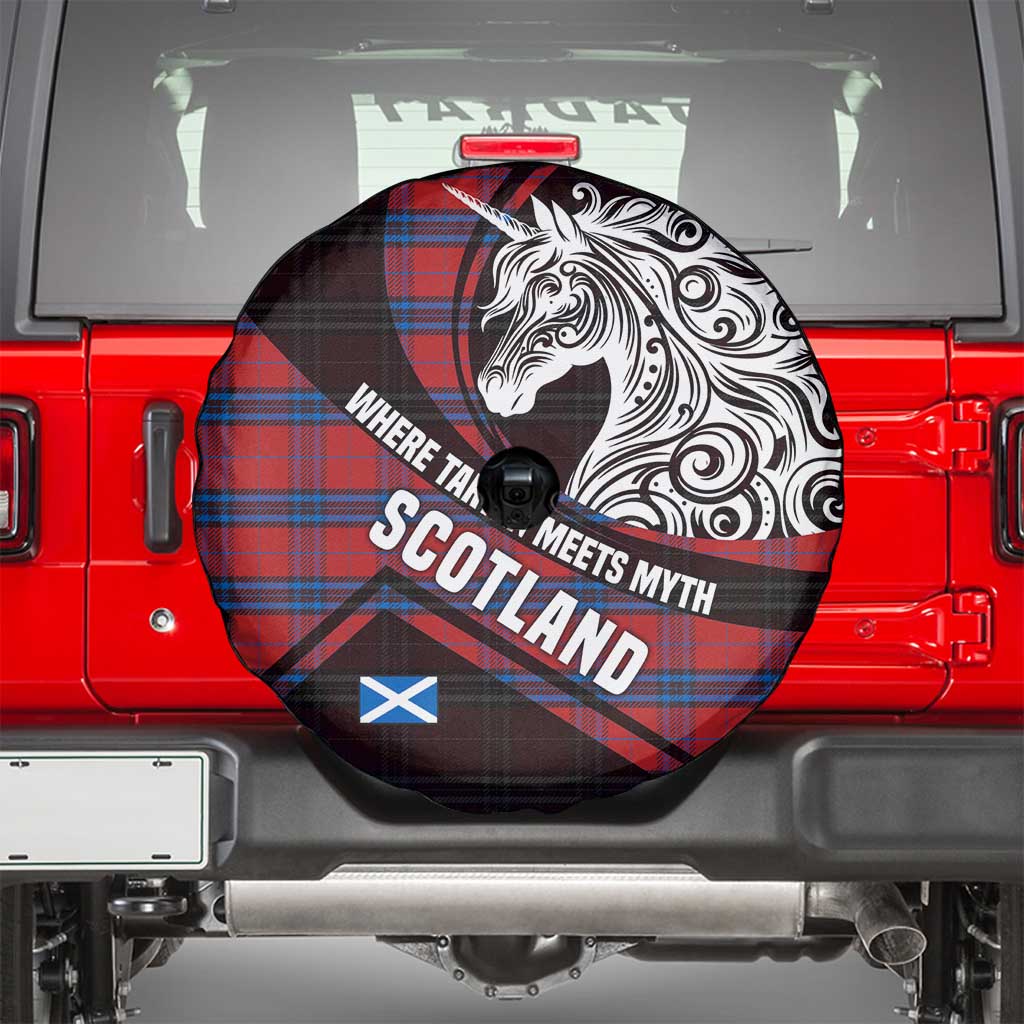 Scotland Spare Tire Cover with Red Blue Tartan Pattern with Unicorn Illustration Saltire Flag and Where Tartan Meets Myth Quote Design - Wonder Print Shop