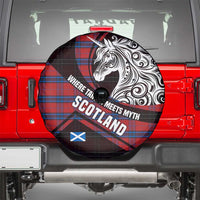 Scotland Spare Tire Cover with Red Blue Tartan Pattern with Unicorn Illustration Saltire Flag and Where Tartan Meets Myth Quote Design - Wonder Print Shop