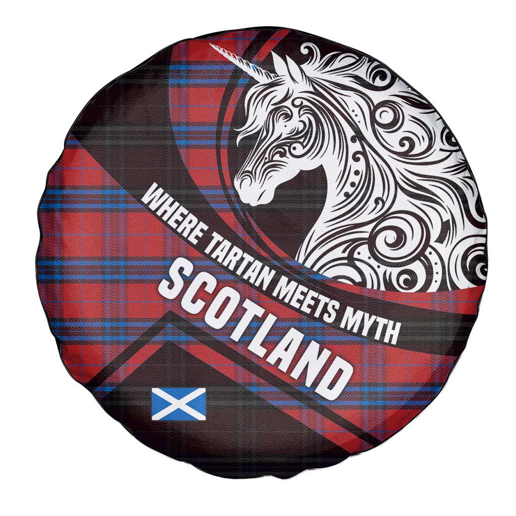Scotland Spare Tire Cover with Red Blue Tartan Pattern with Unicorn Illustration Saltire Flag and Where Tartan Meets Myth Quote Design - Wonder Print Shop