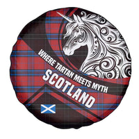Scotland Spare Tire Cover with Red Blue Tartan Pattern with Unicorn Illustration Saltire Flag and Where Tartan Meets Myth Quote Design - Wonder Print Shop