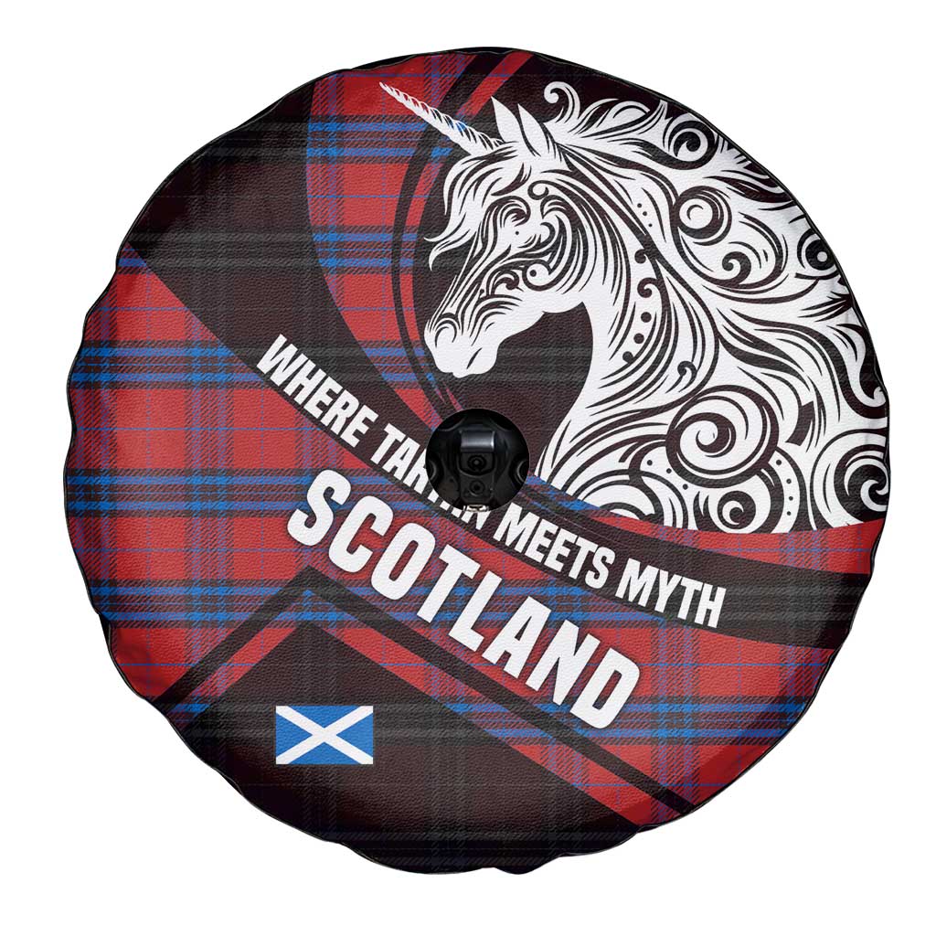 Scotland Spare Tire Cover with Red Blue Tartan Pattern with Unicorn Illustration Saltire Flag and Where Tartan Meets Myth Quote Design - Wonder Print Shop