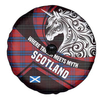 Scotland Spare Tire Cover with Red Blue Tartan Pattern with Unicorn Illustration Saltire Flag and Where Tartan Meets Myth Quote Design - Wonder Print Shop