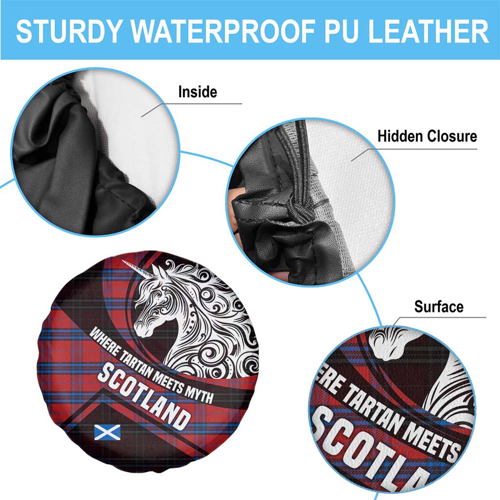 Scotland Spare Tire Cover with Red Blue Tartan Pattern with Unicorn Illustration Saltire Flag and Where Tartan Meets Myth Quote Design - Wonder Print Shop