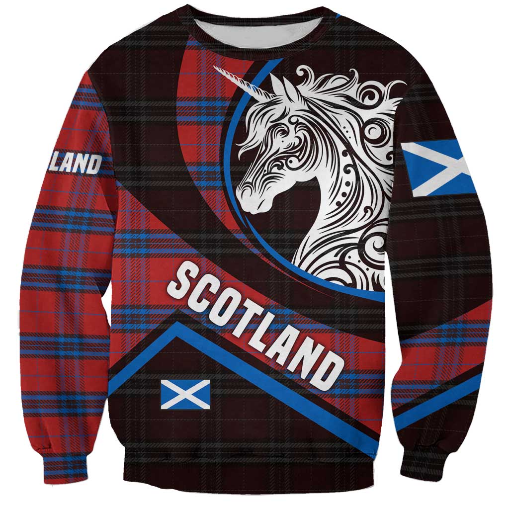 Scotland Sweatshirt with Red Blue Tartan Pattern with Unicorn Illustration Saltire Flag and Where Tartan Meets Myth Quote Design - Wonder Print Shop