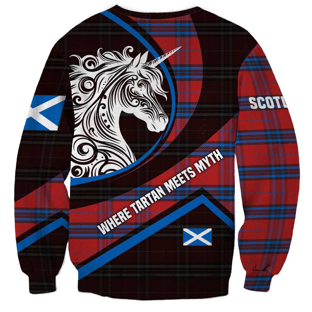 Scotland Sweatshirt with Red Blue Tartan Pattern with Unicorn Illustration Saltire Flag and Where Tartan Meets Myth Quote Design - Wonder Print Shop