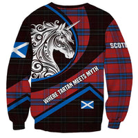 Scotland Sweatshirt with Red Blue Tartan Pattern with Unicorn Illustration Saltire Flag and Where Tartan Meets Myth Quote Design - Wonder Print Shop