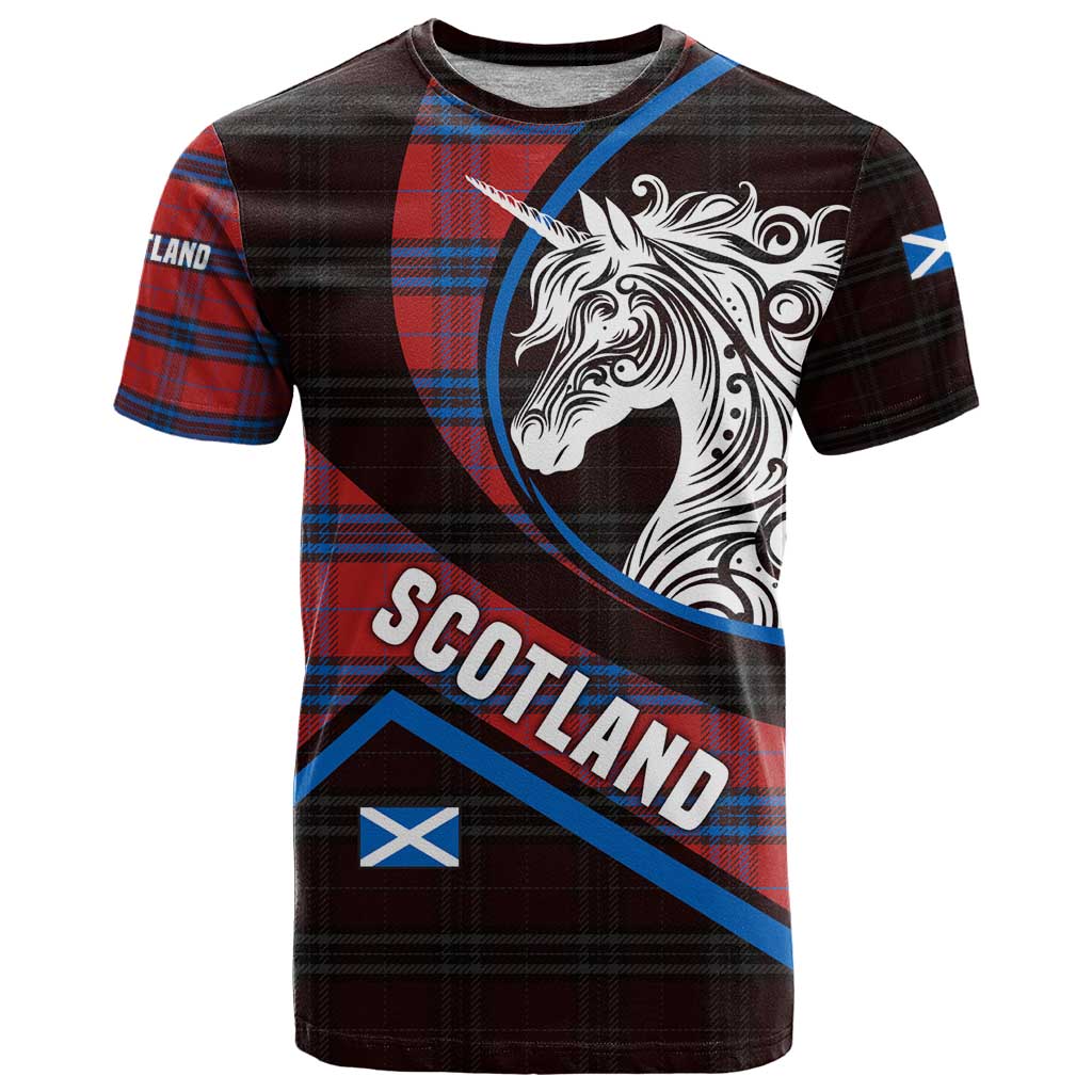 Scotland T Shirt with Red Blue Tartan Pattern with Unicorn Illustration Saltire Flag and Where Tartan Meets Myth Quote Design - Wonder Print Shop