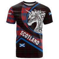 Scotland T Shirt with Red Blue Tartan Pattern with Unicorn Illustration Saltire Flag and Where Tartan Meets Myth Quote Design - Wonder Print Shop