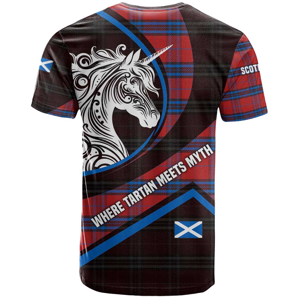 Scotland T Shirt with Red Blue Tartan Pattern with Unicorn Illustration Saltire Flag and Where Tartan Meets Myth Quote Design - Wonder Print Shop
