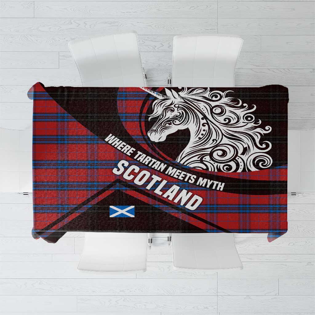 Scotland Tablecloth with Red Blue Tartan Pattern with Unicorn Illustration Saltire Flag and Where Tartan Meets Myth Quote Design - Wonder Print Shop