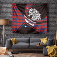 Scotland Tapestry with Red Blue Tartan Pattern with Unicorn Illustration Saltire Flag and Where Tartan Meets Myth Quote Design - Wonder Print Shop