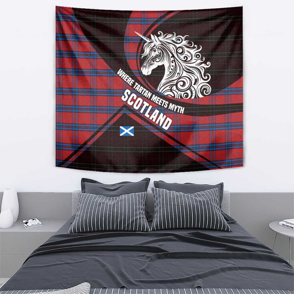 Scotland Tapestry with Red Blue Tartan Pattern with Unicorn Illustration Saltire Flag and Where Tartan Meets Myth Quote Design - Wonder Print Shop
