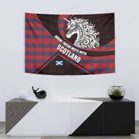Scotland Tapestry with Red Blue Tartan Pattern with Unicorn Illustration Saltire Flag and Where Tartan Meets Myth Quote Design - Wonder Print Shop