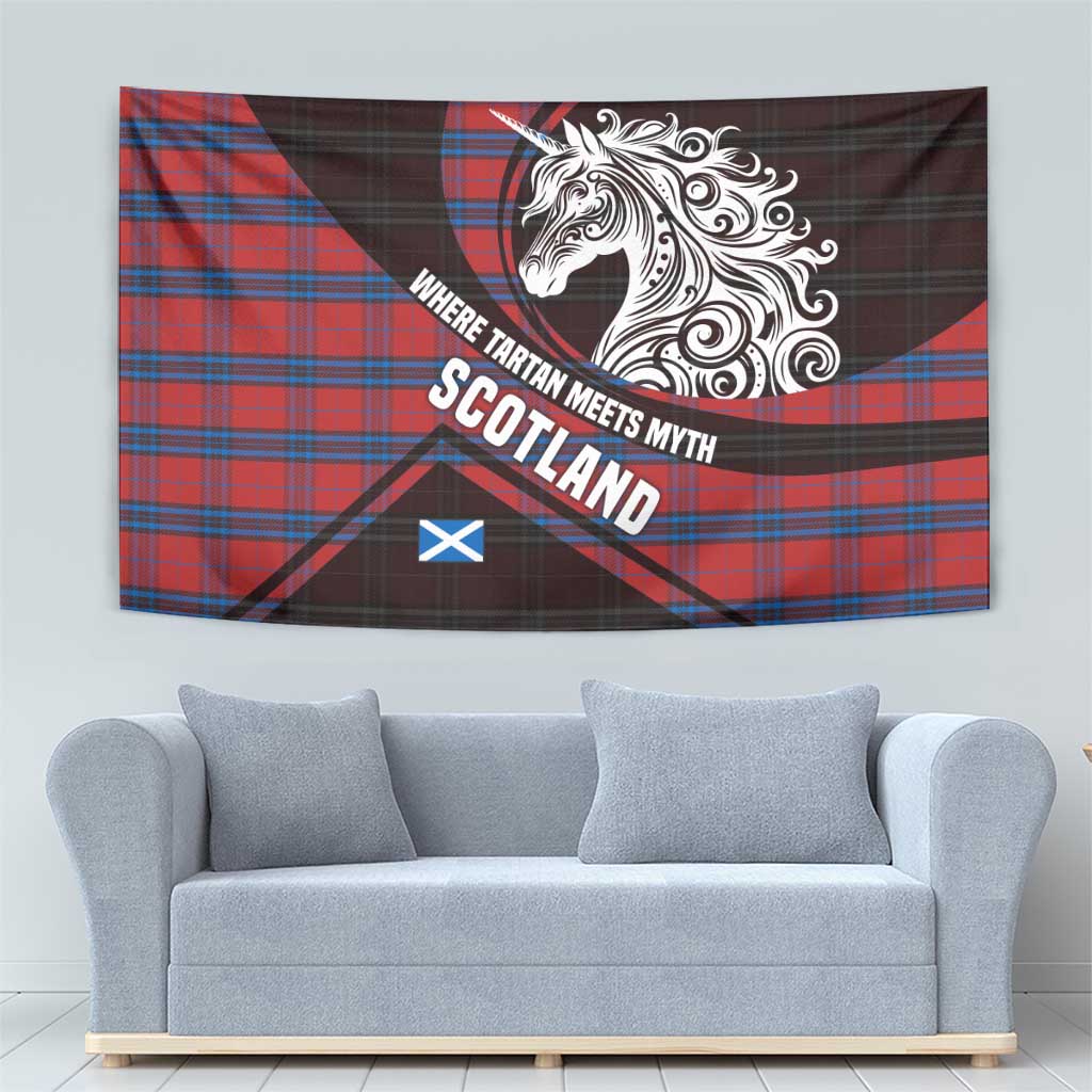 Scotland Tapestry with Red Blue Tartan Pattern with Unicorn Illustration Saltire Flag and Where Tartan Meets Myth Quote Design - Wonder Print Shop