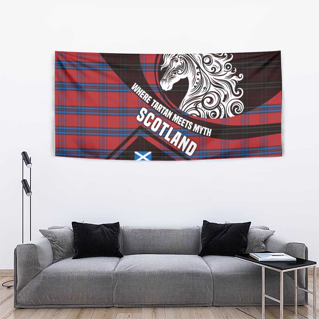 Scotland Tapestry with Red Blue Tartan Pattern with Unicorn Illustration Saltire Flag and Where Tartan Meets Myth Quote Design - Wonder Print Shop